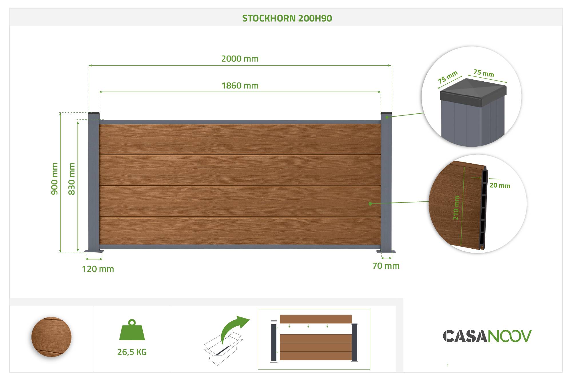 Casanoov Clôture composite Stockhorn 4 m H.90   cm sur plaque finition teck - Image 2