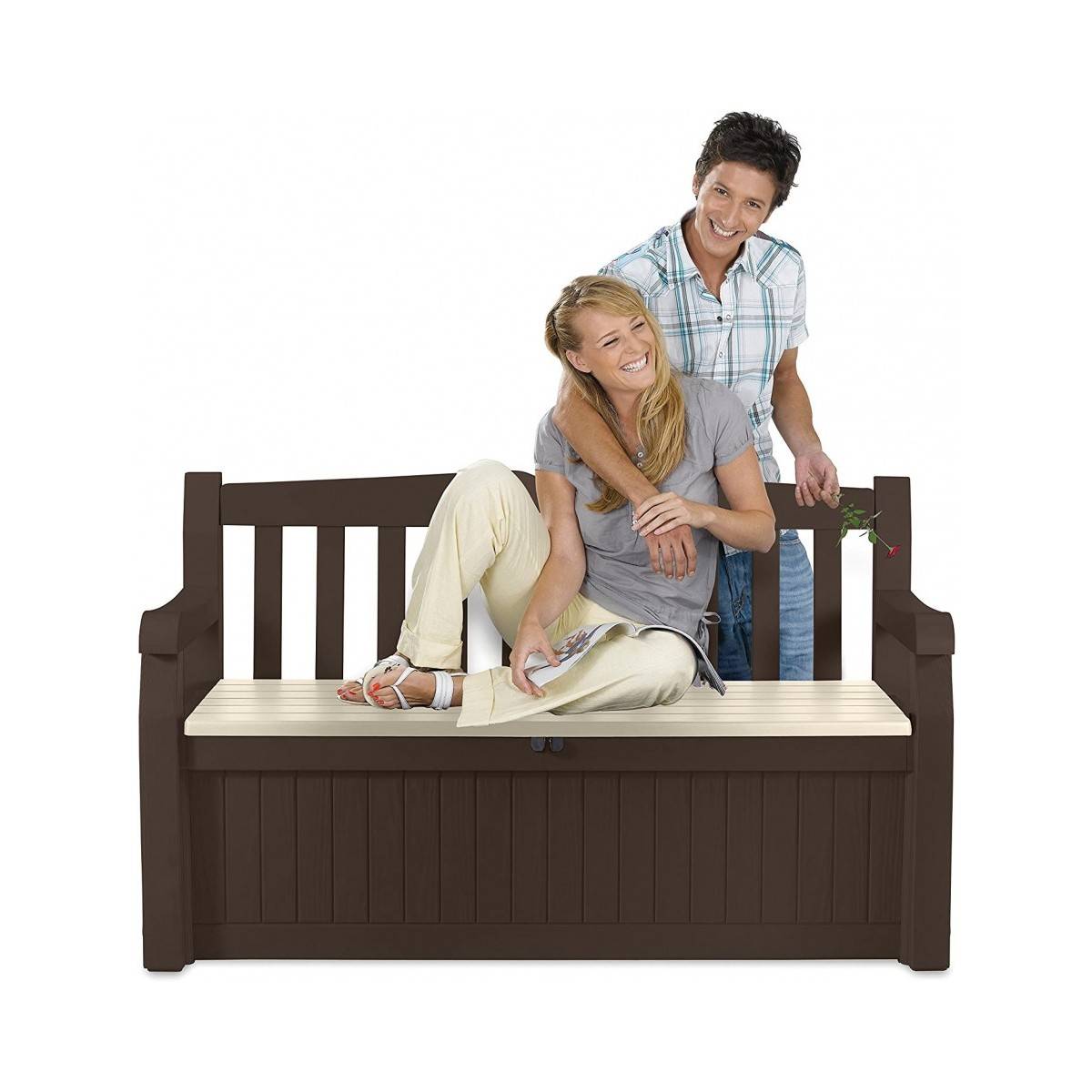 Keter - Coffre de Jardin / Banc 265L Keter Eden Effet bois L140xP60xH84 cm Résiste au gel, intempéries et UV. - Imagen 3