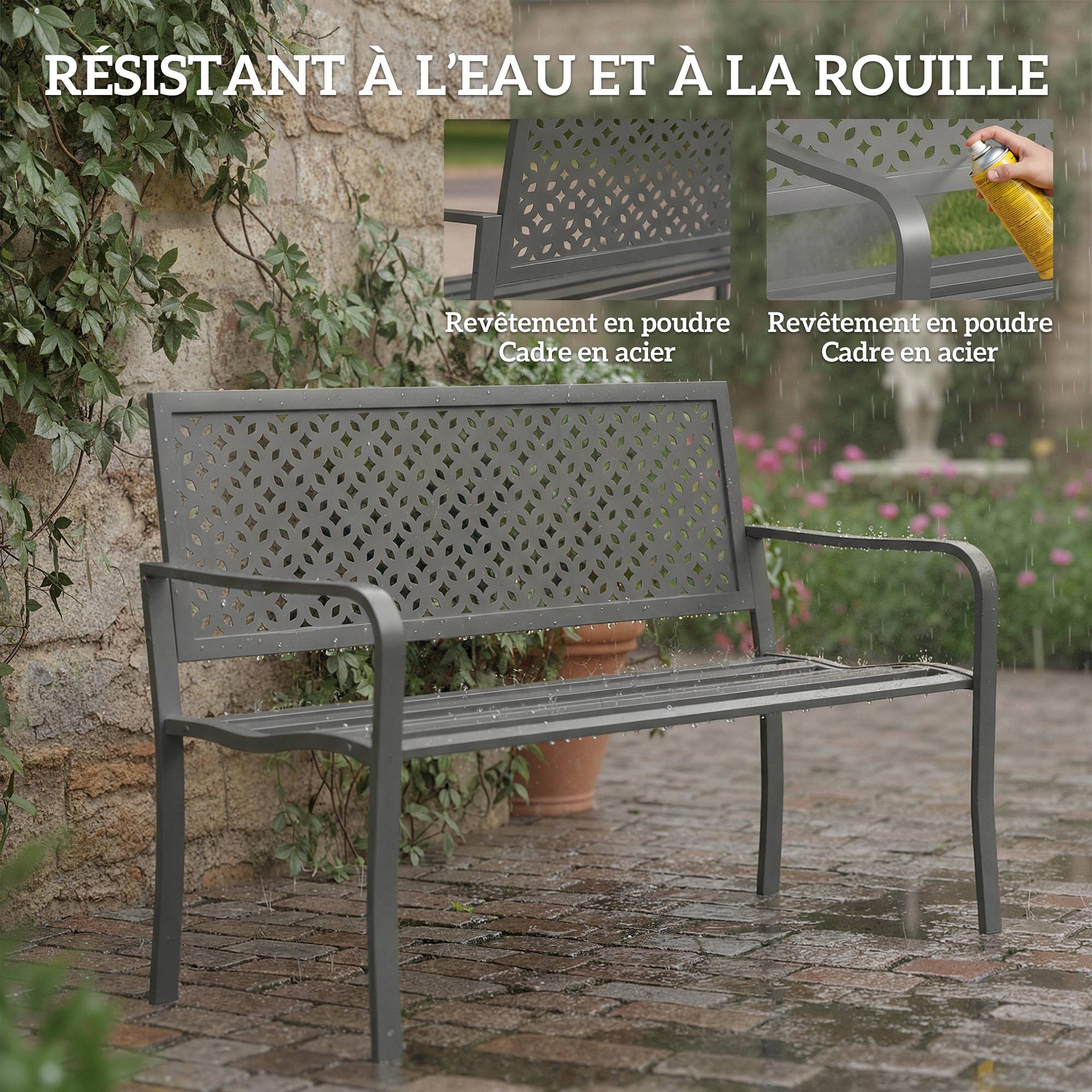 Outsunny - Banc de jardin dossier géométrique - avec accoudoirs - métal antirouille - 2 places - gris foncé - Outsunny - Image 7