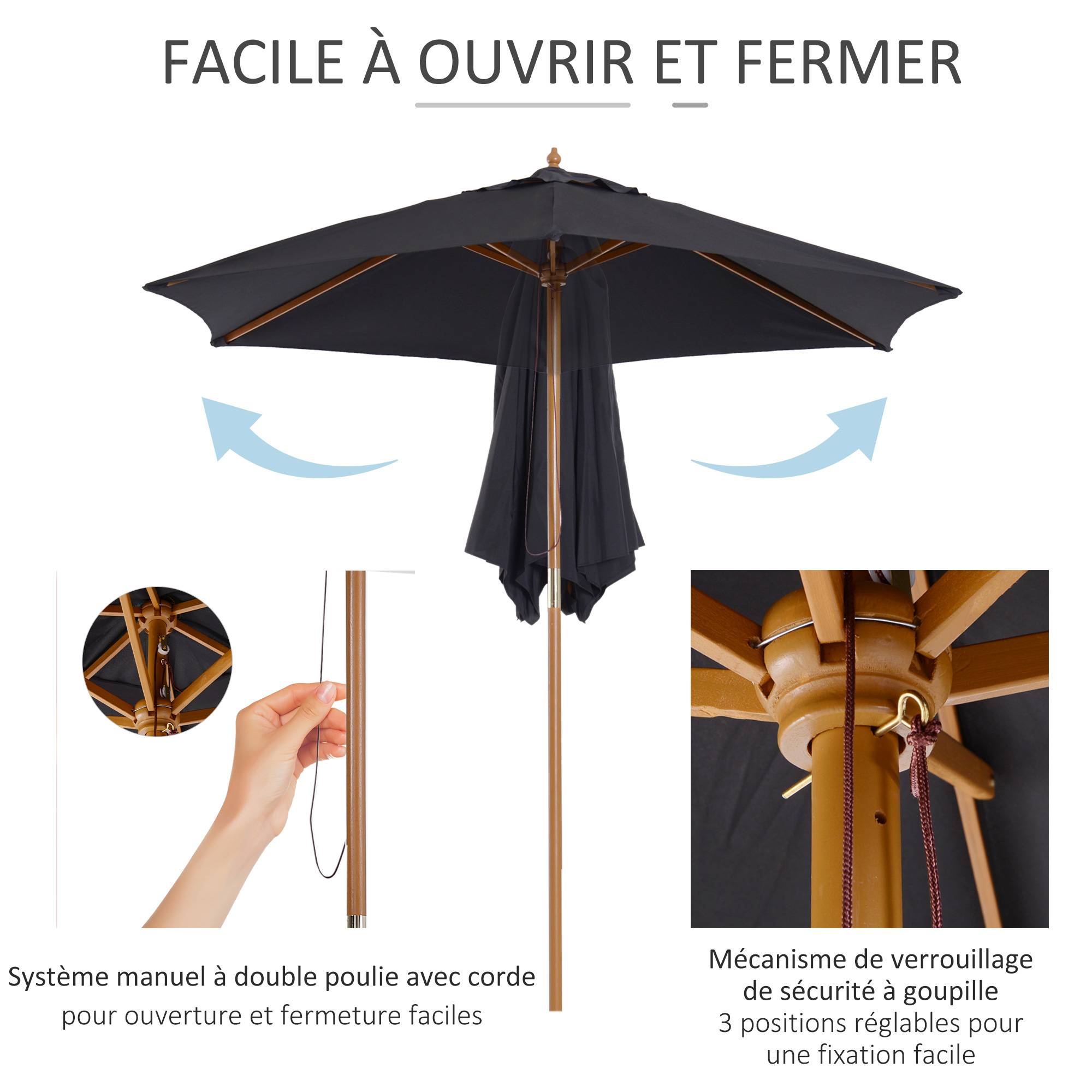 Parasol de jardin extérieur parasol droit double toit Hexagonal - Ø 2,5 x 2,3m Bois Noir fr146 - Image 6