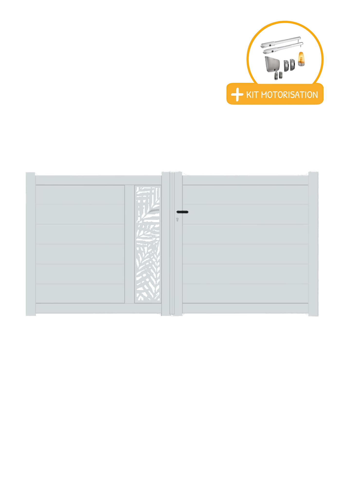 Portail Packit - Portail alu battant découpe laser en kit +MOT dim. L.3500 (entre piliers) X H.1500 mmMOT SGS Essential (vérins)  Gris Lumière (RAL 7035)