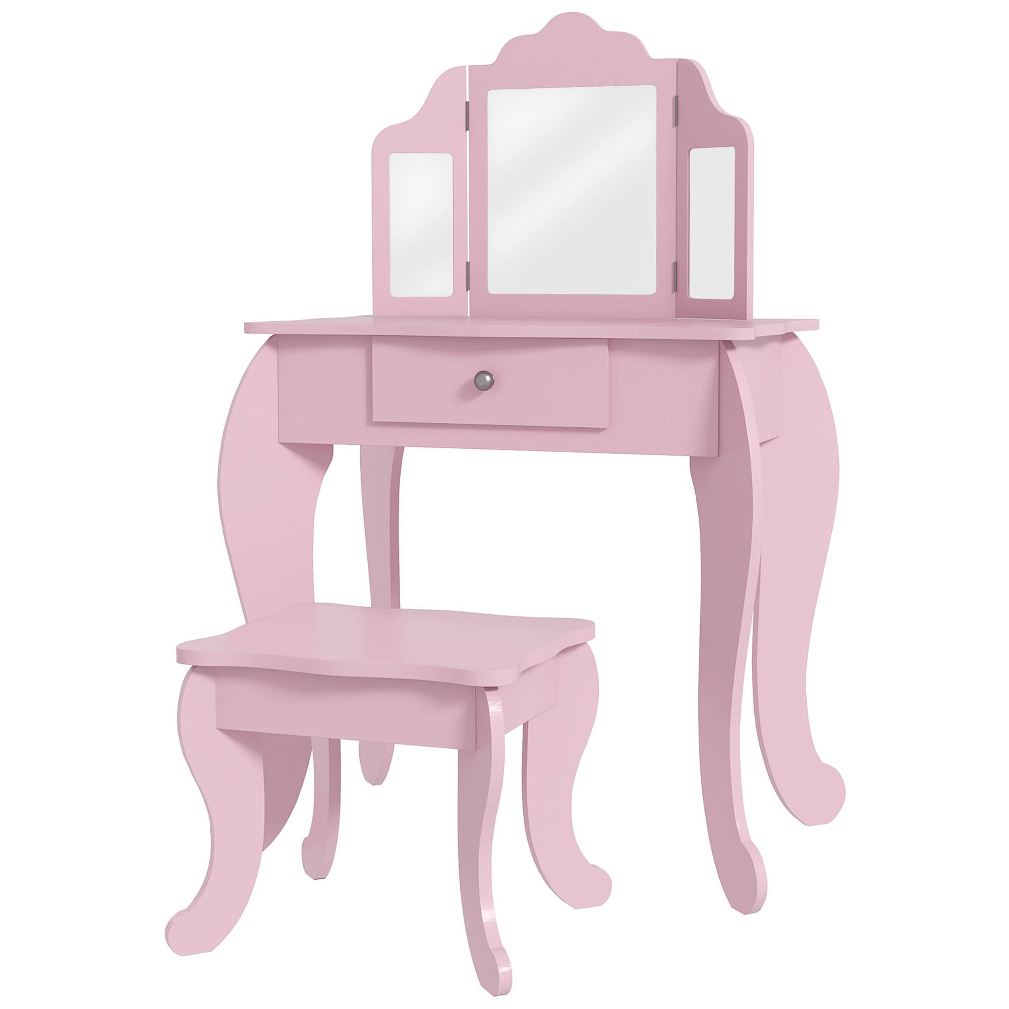 Sans Marque - Tavolo da Trucco per Bambini con Sgabello e Triplo Specchio, en Legno e Acrilico, 63x40x85,5 cm, Rose - Image 2