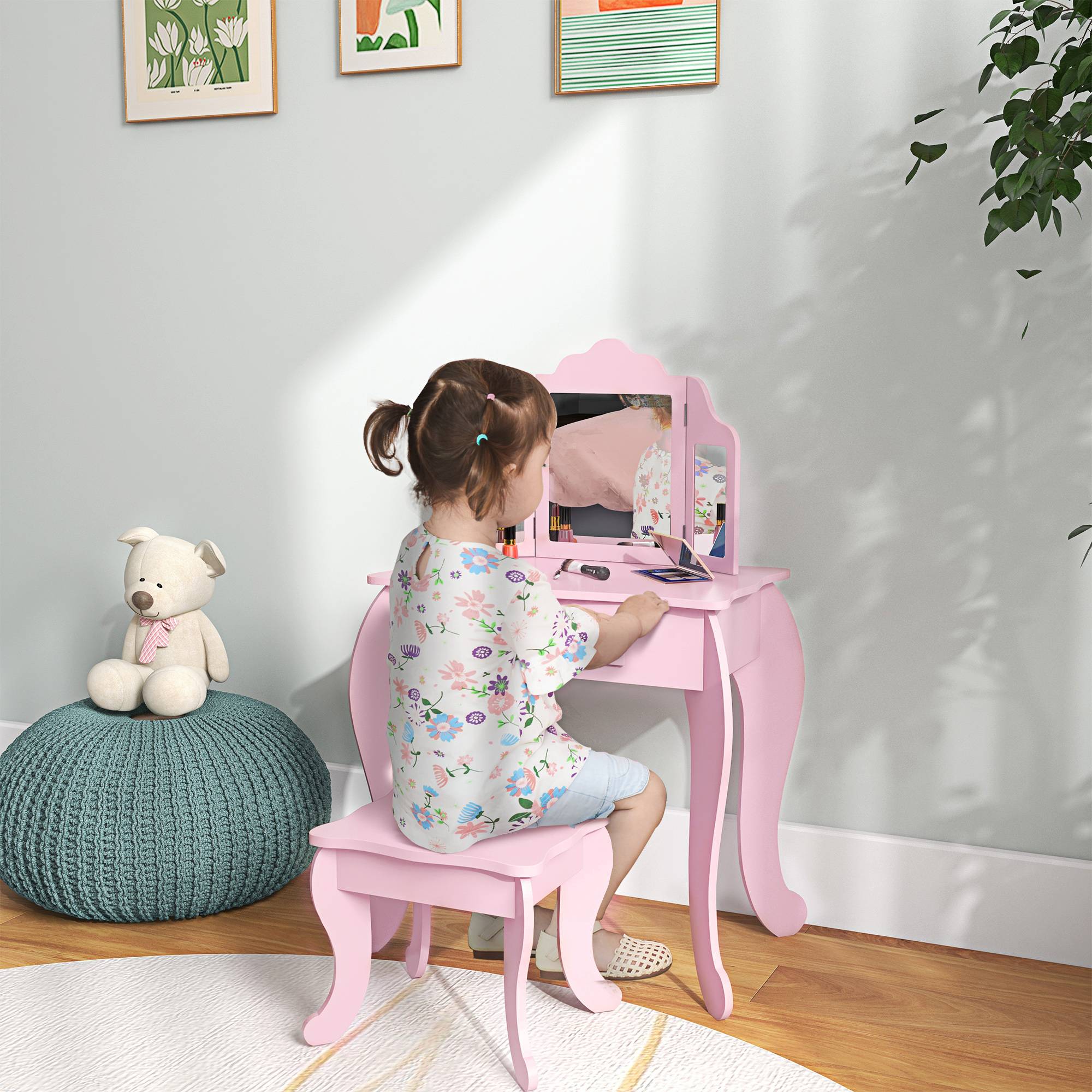 Sans Marque - Tavolo da Trucco per Bambini con Sgabello e Triplo Specchio, en Legno e Acrilico, 63x40x85,5 cm, Rose - Image 3