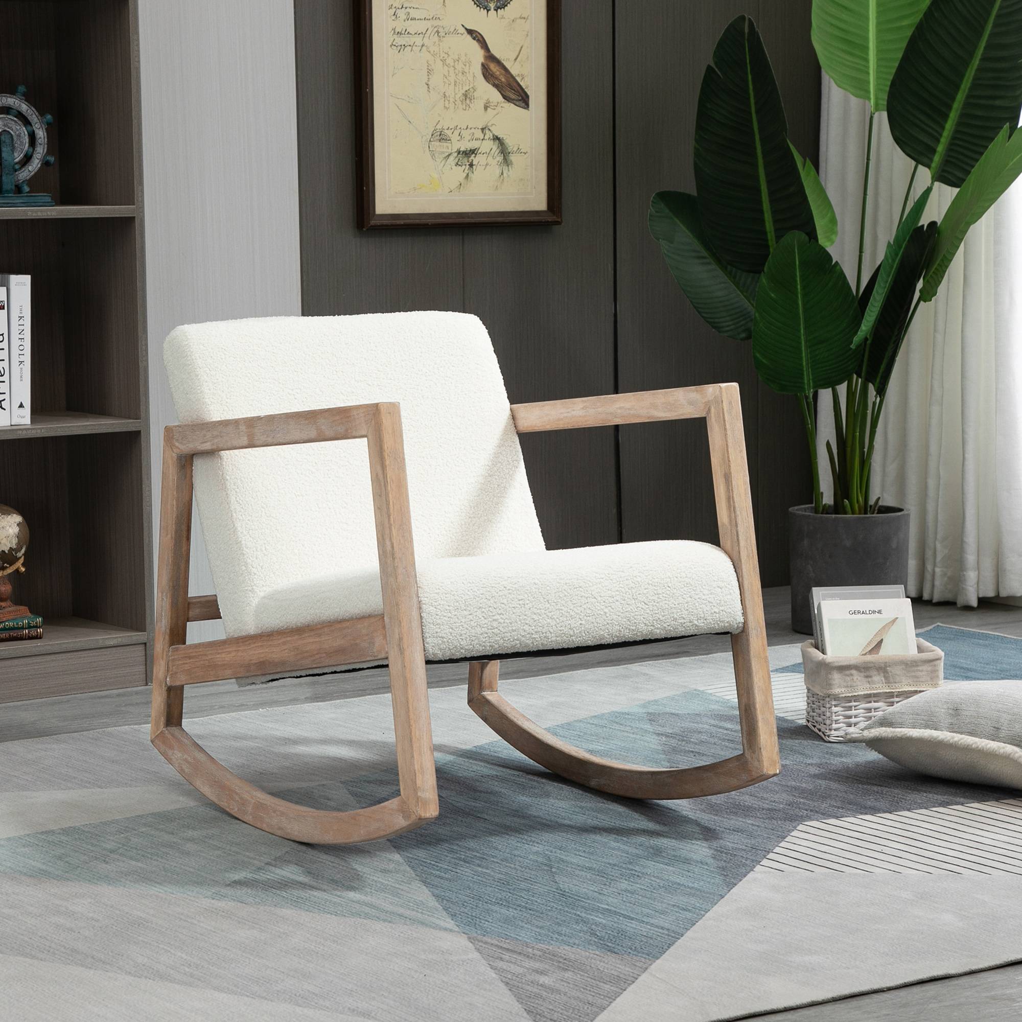 Sans Marque - Fauteuil à bascule fauteuil allaitement rocking chair en tissu effet laine bouclée avec pieds en bois massif - Image 3