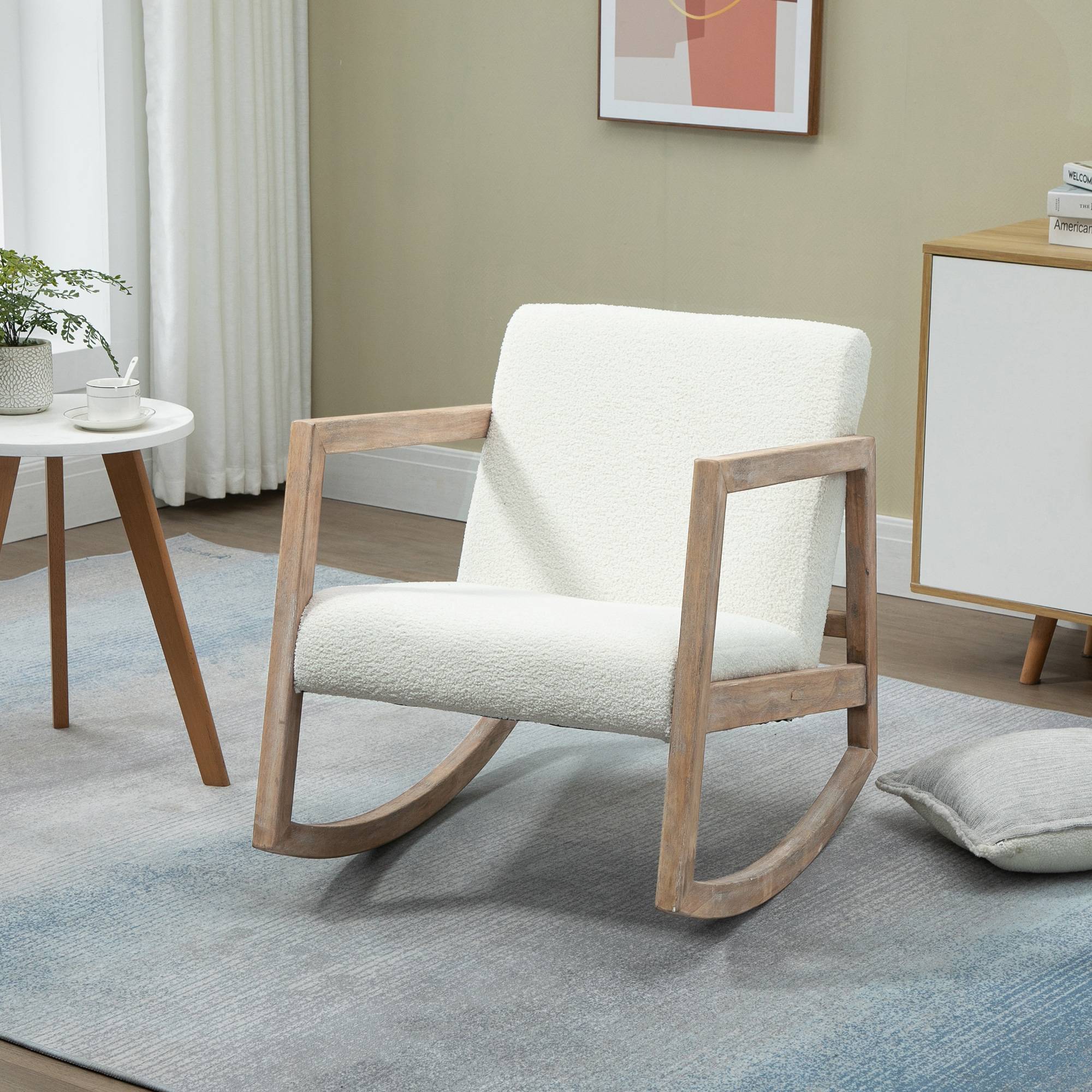Sans Marque - Fauteuil à bascule fauteuil allaitement rocking chair en tissu effet laine bouclée avec pieds en bois massif - Image 4