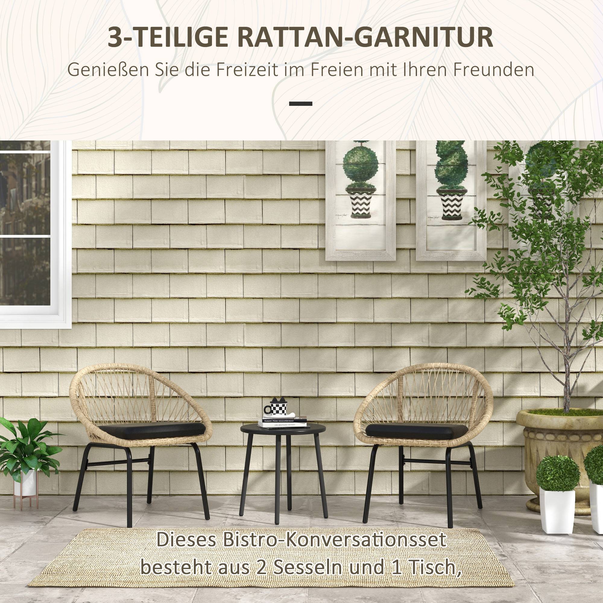 Set de jardin 3 pièces avec 2 chaises et table ronde en rattan, jaune - PANGIVO - Image 4