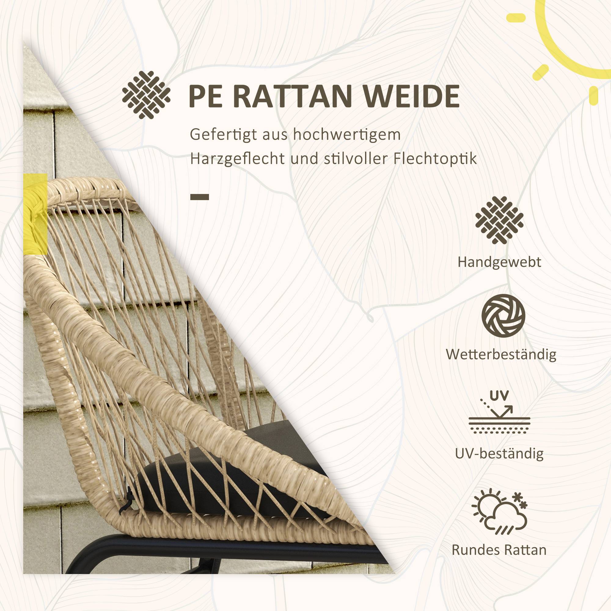 Set de jardin 3 pièces avec 2 chaises et table ronde en rattan, jaune - PANGIVO - Image 5