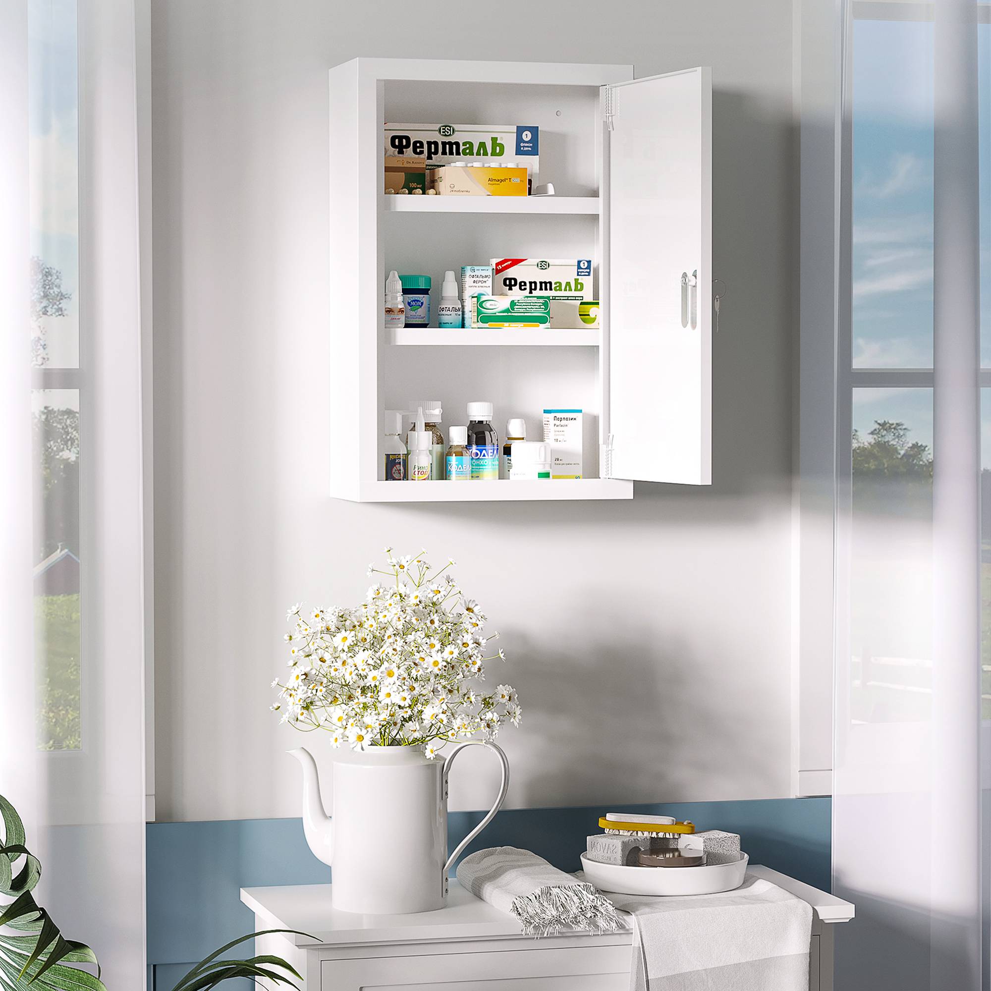 Sans Marque - Armoire pharmacie 3 étagères serrure 2 clés acier 30x14x46 cm blanche - Image 3