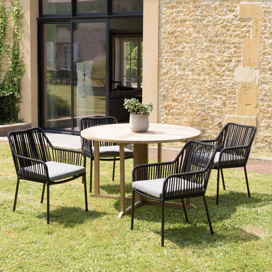 Macabane - MALO - SALON DE JARDIN 4 PERS. - 1 Table ronde 120x120cm et 4 fauteuils noirs et gris en cordage - Imagen 2