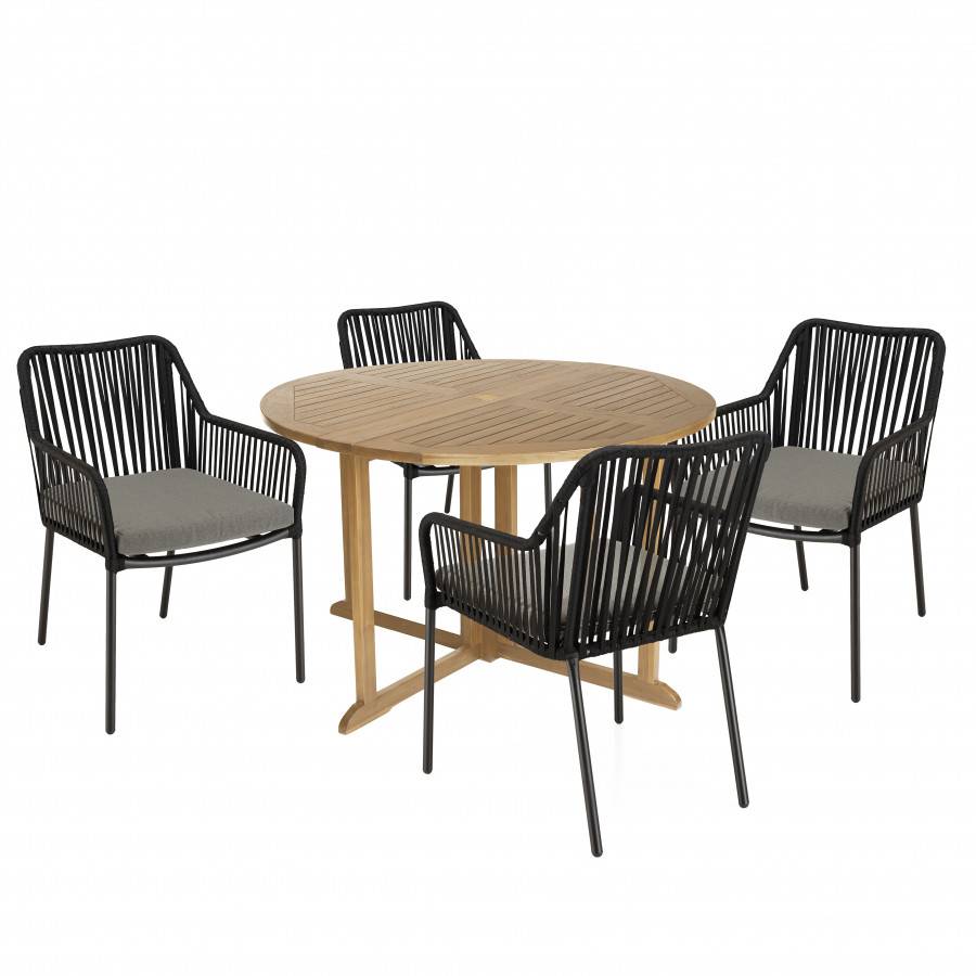 Macabane - MALO - SALON DE JARDIN 4 PERS. - 1 Table ronde 120x120cm et 4 fauteuils noirs et gris en cordage - Imagen 1