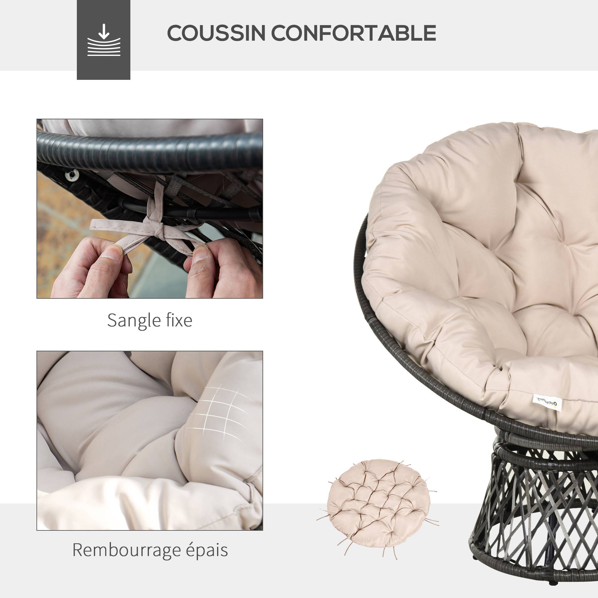 Fauteuil papasan pivotant Résine tressée Jardin Véranda Coussin épais 97cm Crème - ComfortXL Outdoor Living - Image 8