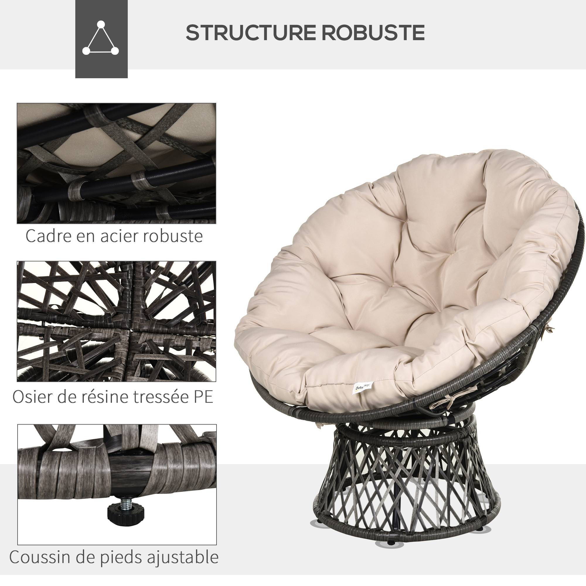 Fauteuil papasan pivotant Résine tressée Jardin Véranda Coussin épais 97cm Crème - ComfortXL Outdoor Living - Image 9