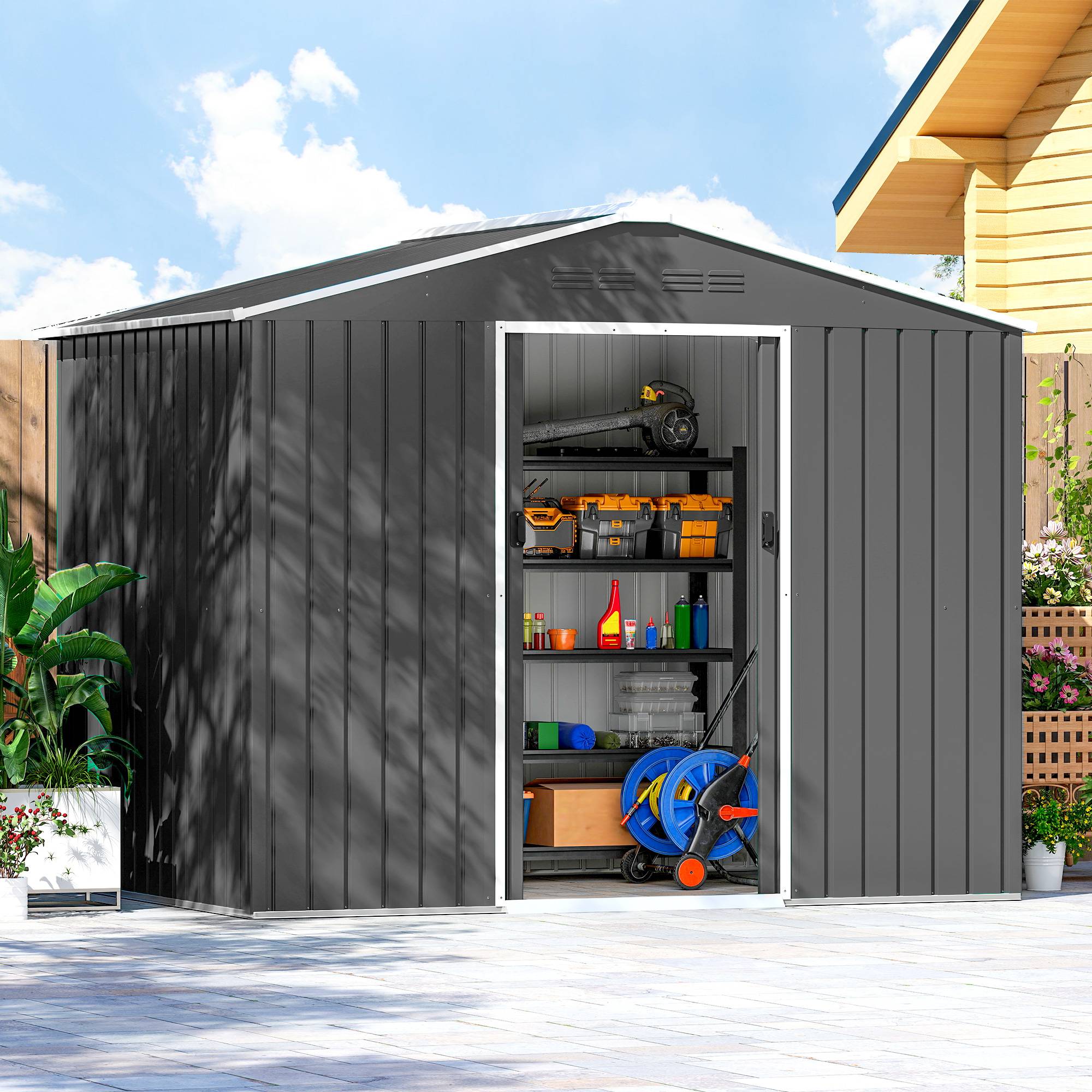 Abri de jardin extérieur 3,6 m² (236 x 171 x 191 cm) avec portes coulissantes et aérations, gris foncé - Image 10