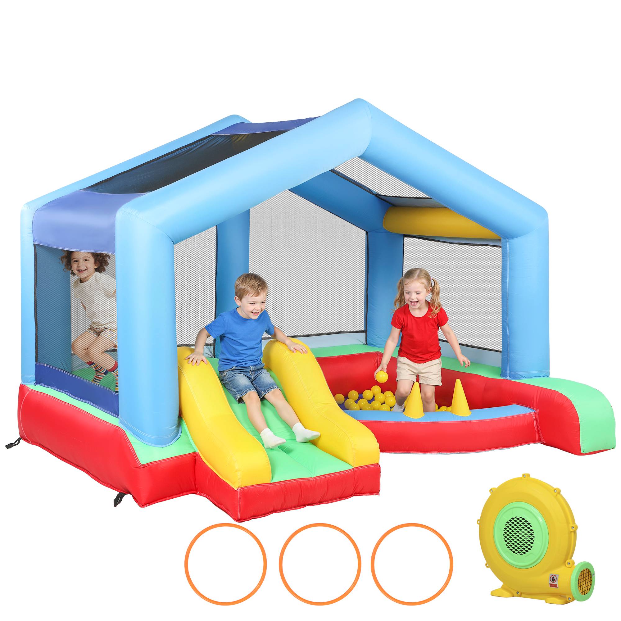Château gonflable 4 en 1, aire de jeux avec souffleur, toboggan, piscine à balles, jeu de lancer d'anneaux, multicolore