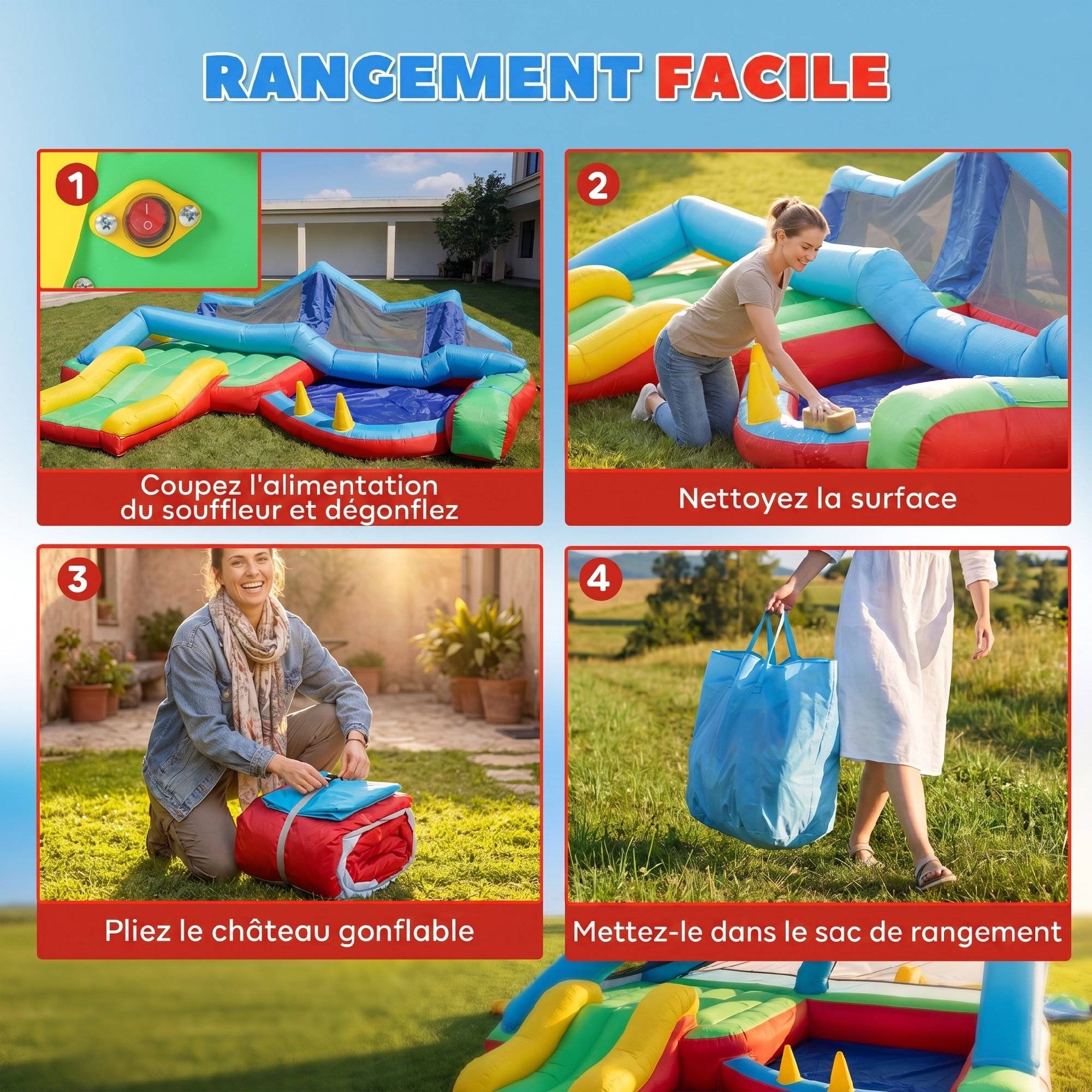 Château gonflable 4 en 1, aire de jeux avec souffleur, toboggan, piscine à balles, jeu de lancer d'anneaux, multicolore - Image 7