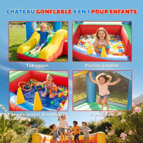 Château gonflable 4 en 1, aire de jeux avec souffleur, toboggan, piscine à balles, jeu de lancer d'anneaux, multicolore - Image 4
