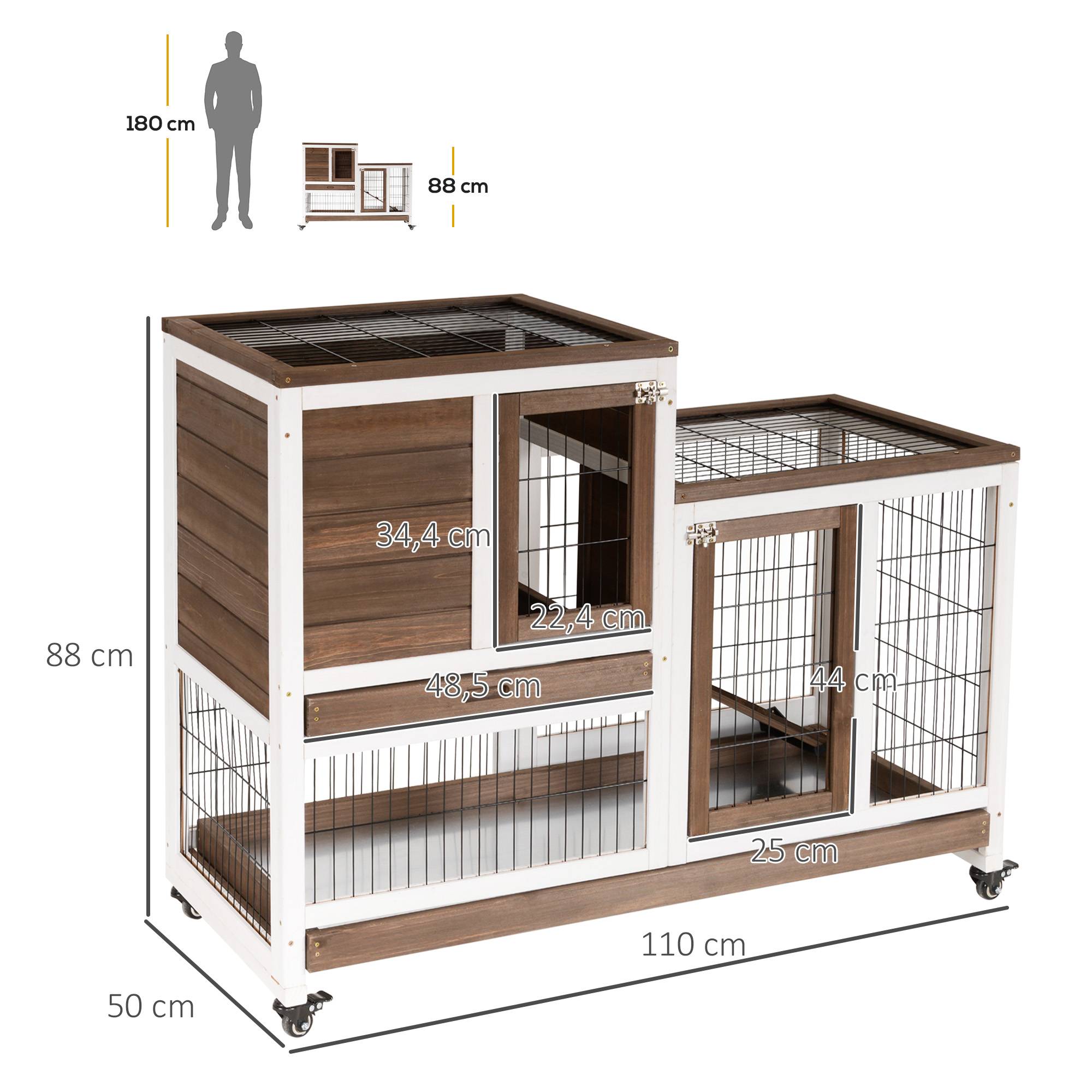 Sans Marque - Clapier bois roulettes lapin intérieur cage deux étages rampe 2 plateaux amovibles 110x50x88 cm marron - Image 5