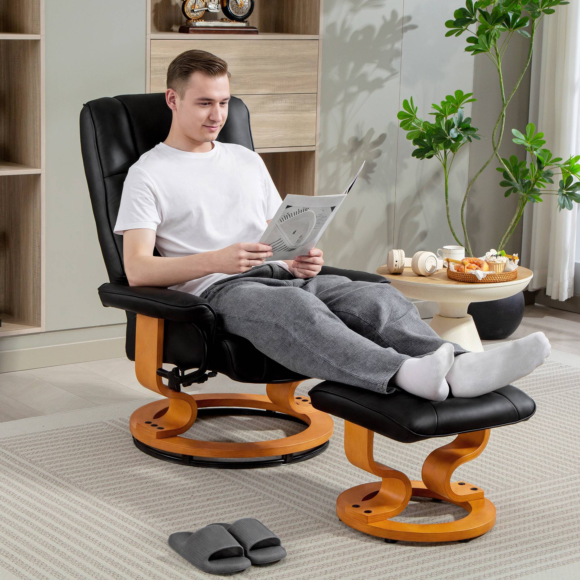 Sans Marque - Fauteuil de relaxation inclinable avec repose-pied, pivotant, cadre en bois , revêtement synthétique noir - Image 3