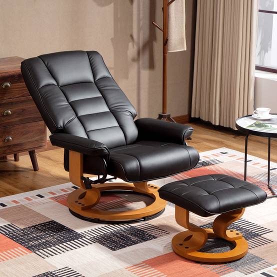 Sans Marque - Fauteuil de relaxation inclinable avec repose-pied, pivotant, cadre en bois , revêtement synthétique noir - Image 4