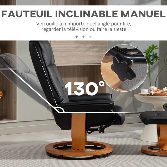 Sans Marque - Fauteuil de relaxation inclinable avec repose-pied, pivotant, cadre en bois , revêtement synthétique noir - Image 6