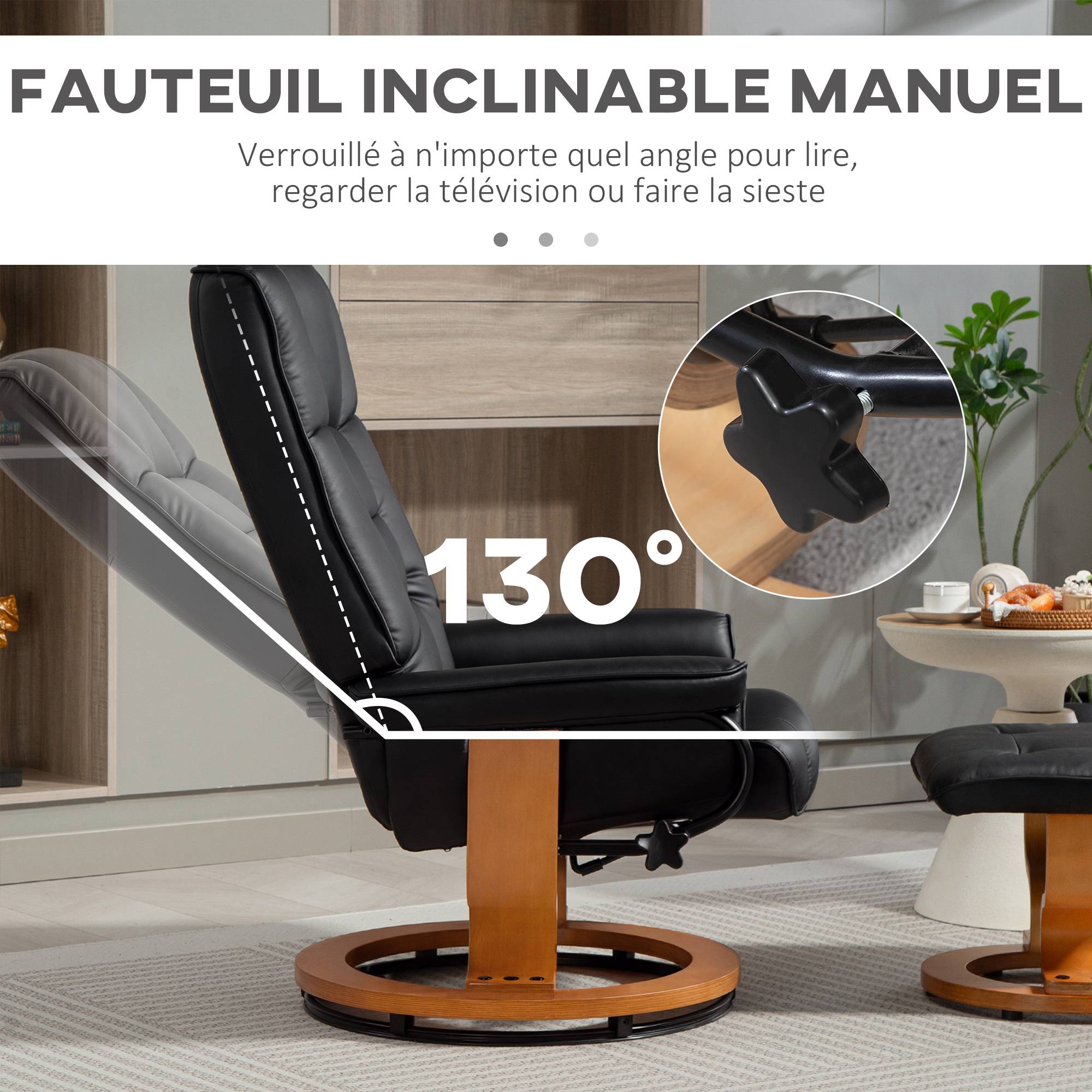 Sans Marque - Fauteuil de relaxation inclinable avec repose-pied, pivotant, cadre en bois , revêtement synthétique noir - Image 6