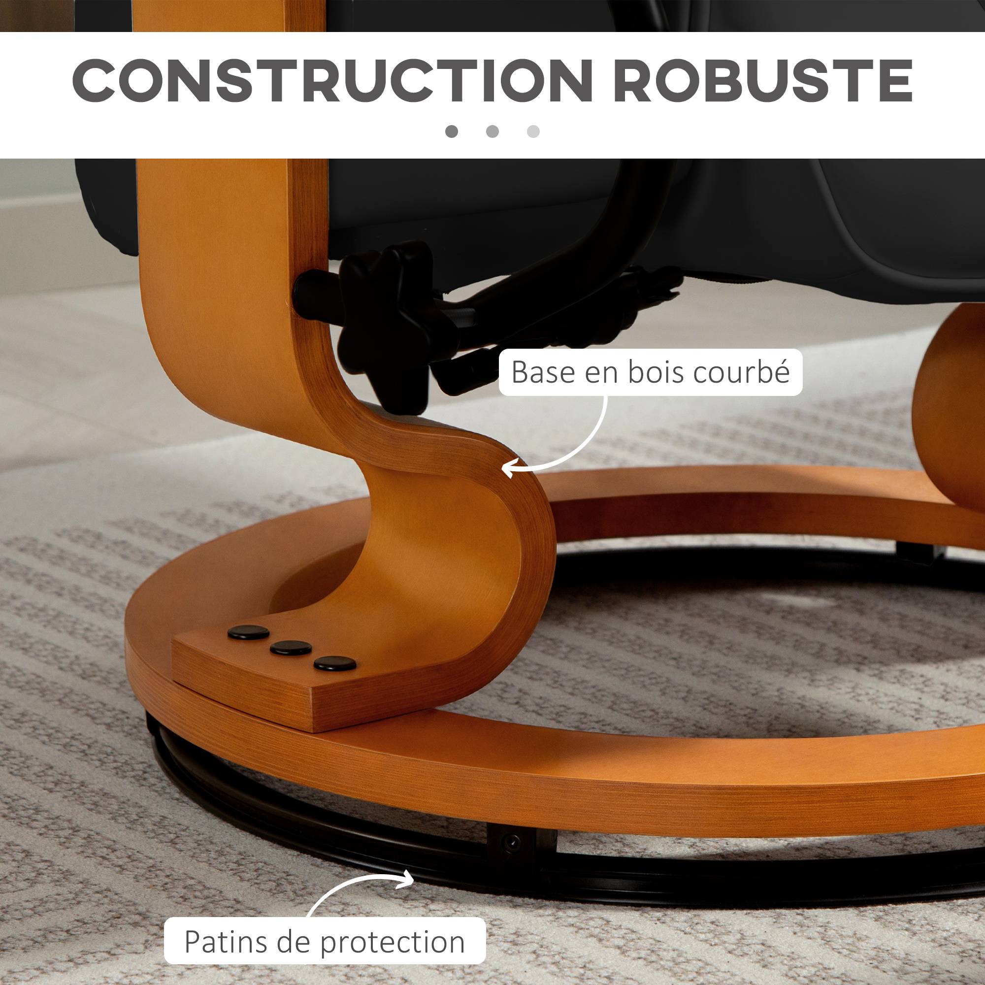 Sans Marque - Fauteuil de relaxation inclinable avec repose-pied, pivotant, cadre en bois , revêtement synthétique noir - Image 9