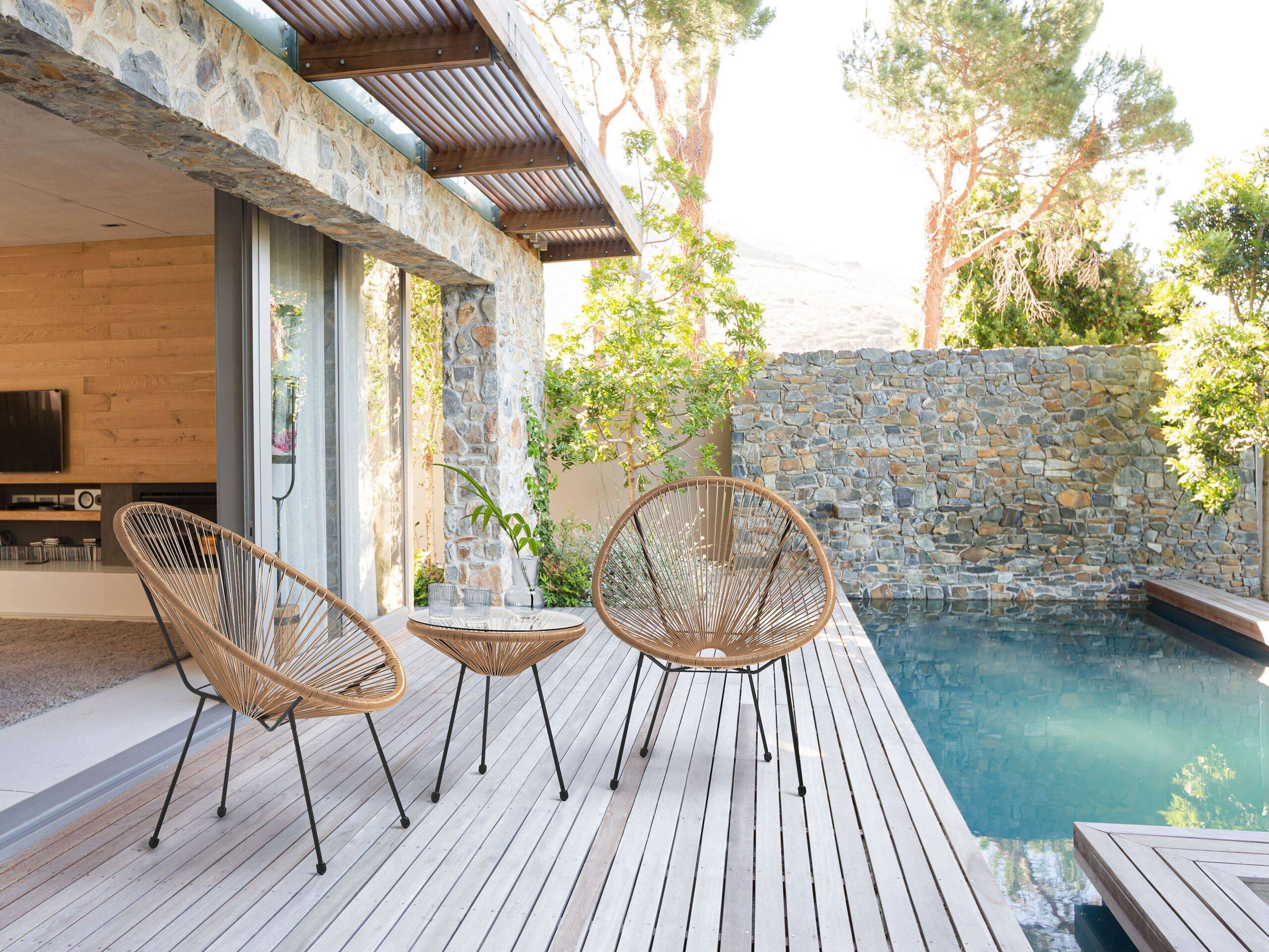 Beliani - Chaises et Table Beige Sable en Polyrotin Verre et Acier Type Spaghetti Design Tendance pour Intérieur ou Extérieur au Style Moderne et Industriel - Imagen 2