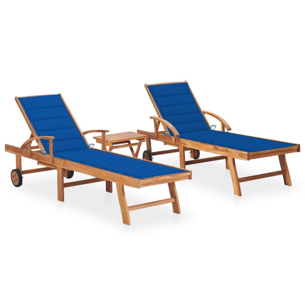 Helloshop26 - Lot de 2 transats chaise longue bain de soleil lit de jardin terrasse meuble d'extérieur avec table et coussin bois de teck solide - Imagen 1