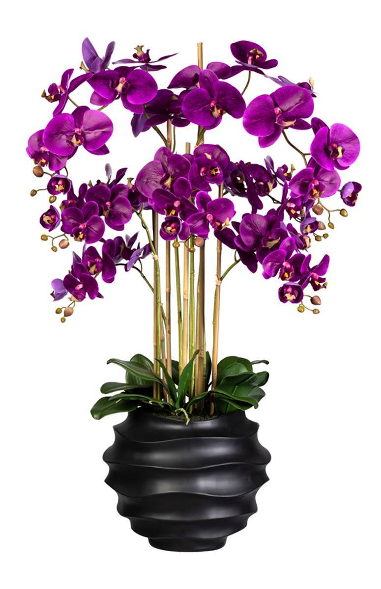 Artificielles - Orchidée Factice 7 hampes vase résine noir H105cm D75cm Mauve violet - couleur: Mauve violet - Imagen 2