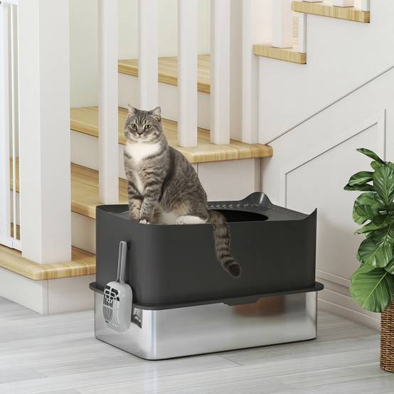 Bac à Litière Fermé 65L en Acier Inoxydable avec Entrée par le Haut pour Grand Chat 60 cm Noir - ComfortXL Outdoor Living - Image 10