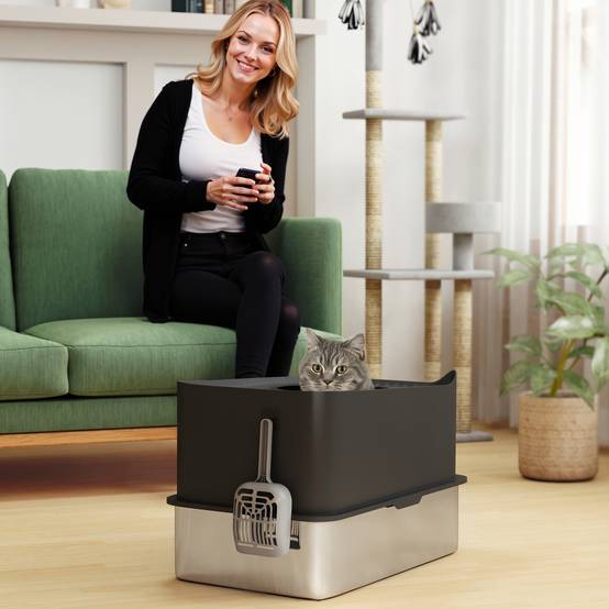 Bac à Litière Fermé 65L en Acier Inoxydable avec Entrée par le Haut pour Grand Chat 60 cm Noir - ComfortXL Outdoor Living - Image 4