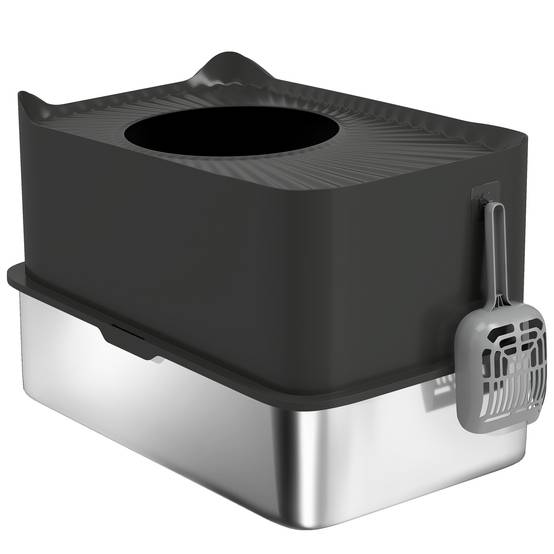 Bac à Litière Fermé 65L en Acier Inoxydable avec Entrée par le Haut pour Grand Chat 60 cm Noir - ComfortXL Outdoor Living - Image 2