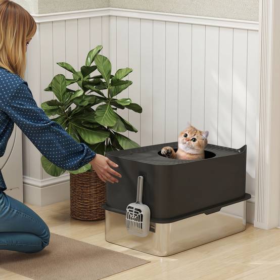 Bac à Litière Fermé 65L en Acier Inoxydable avec Entrée par le Haut pour Grand Chat 60 cm Noir - ComfortXL Outdoor Living - Image 3