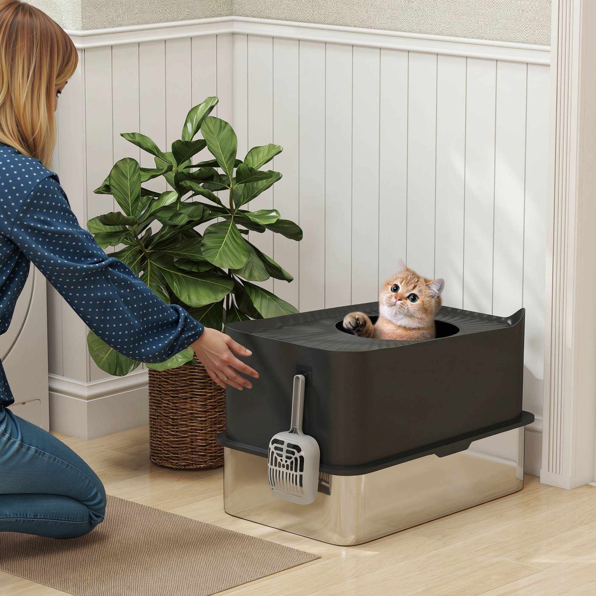 Bac à Litière Fermé 65L en Acier Inoxydable avec Entrée par le Haut pour Grand Chat 60 cm Noir - ComfortXL Outdoor Living - Image 3