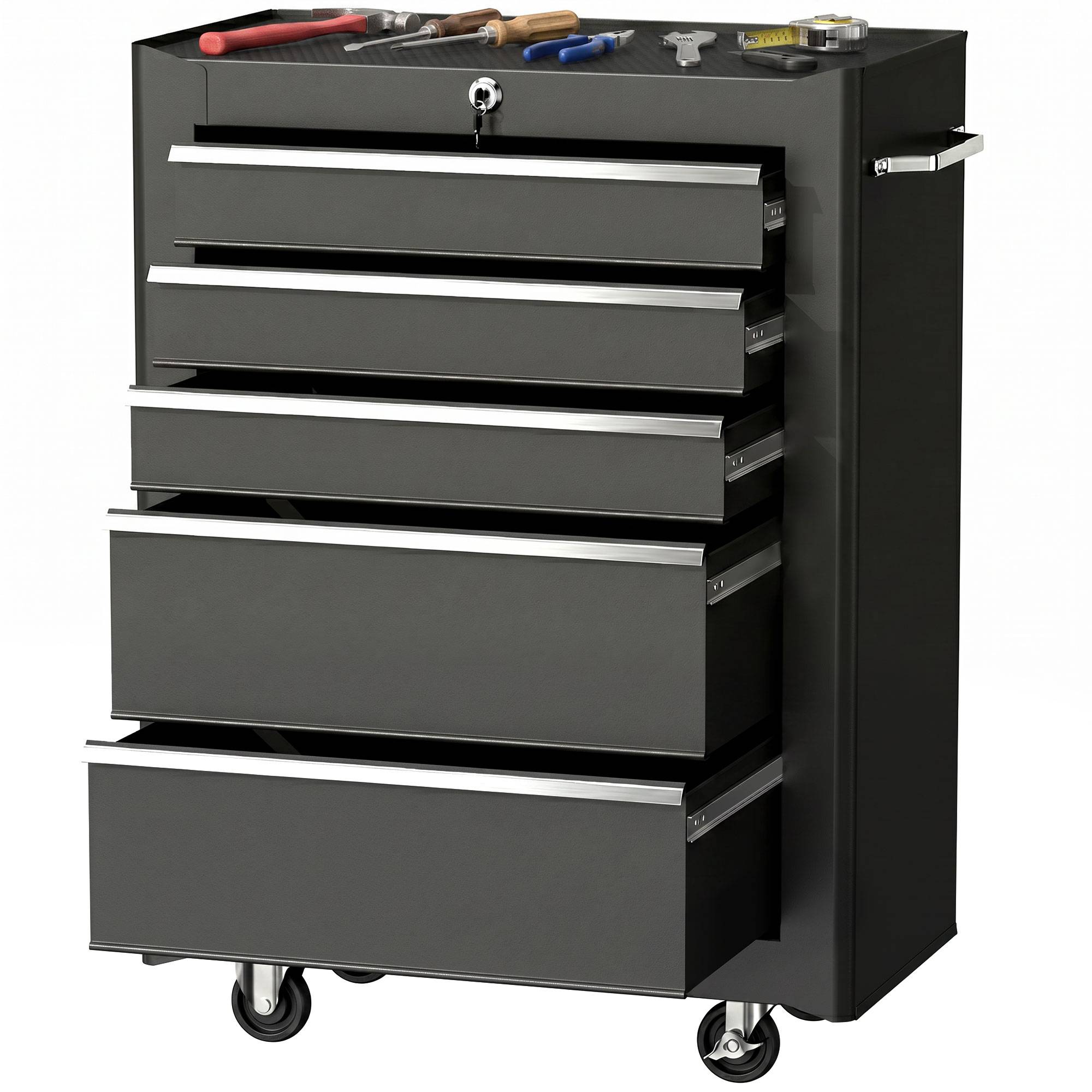 Sans Marque - Armoire outils, caisse, 5 tiroirs, roulant, acier, noir - Image 1