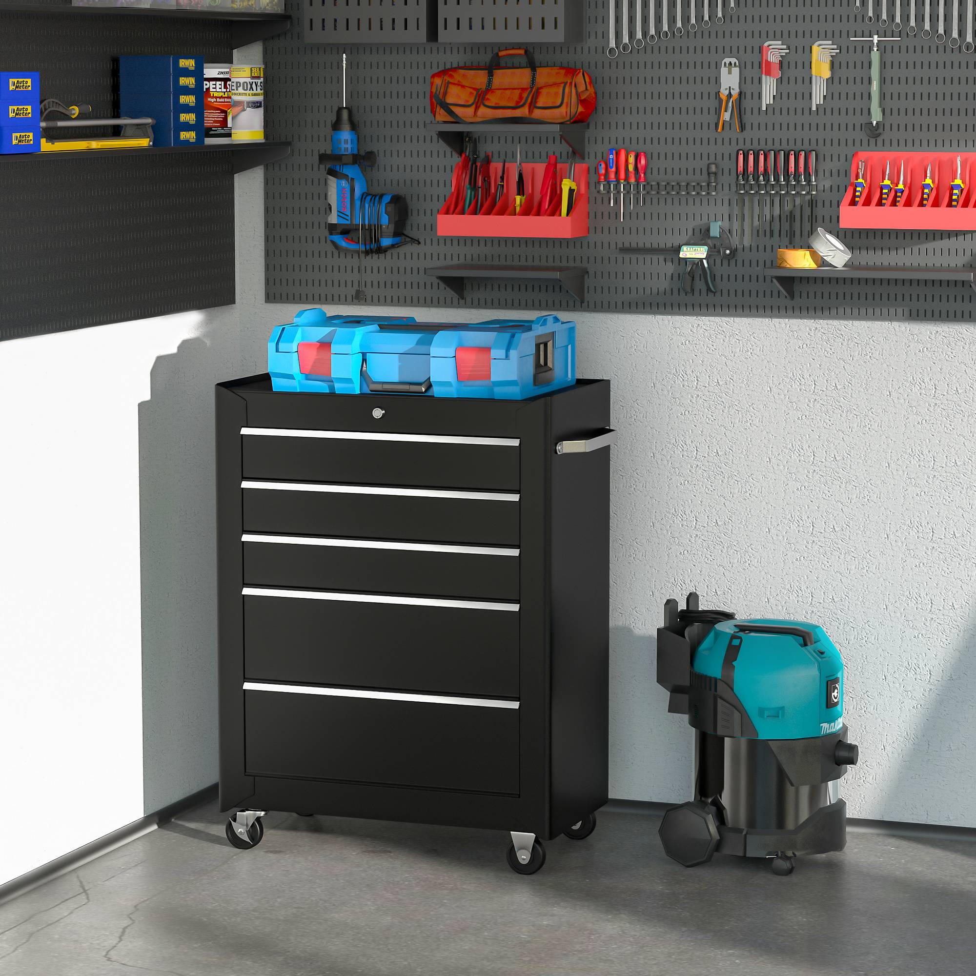 Sans Marque - Armoire outils, caisse, 5 tiroirs, roulant, acier, noir - Image 3