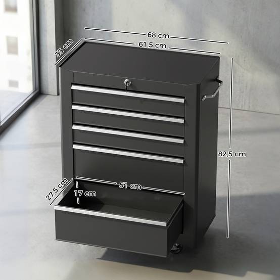 Sans Marque - Armoire outils, caisse, 5 tiroirs, roulant, acier, noir - Image 5