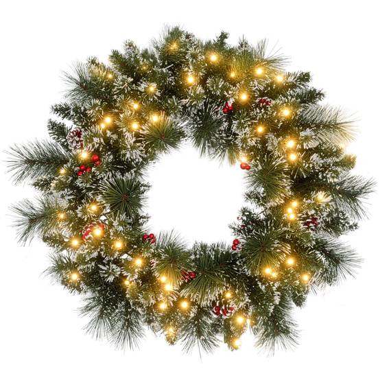 Sans Marque - Couronne de Noël porte artificielle 60 CM avec pommes de pin et grappes de baies, lumières LED et minuterie vert - Image 1