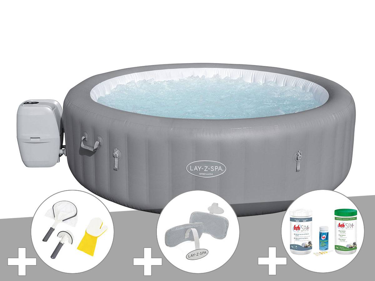 Bestway - Kit spa gonflable Bestway Lay-Z-Spa Grenada rond Airjet 6/8 places + Kit traitement brome + 2 appuie-têtes + Kit de nettoyage