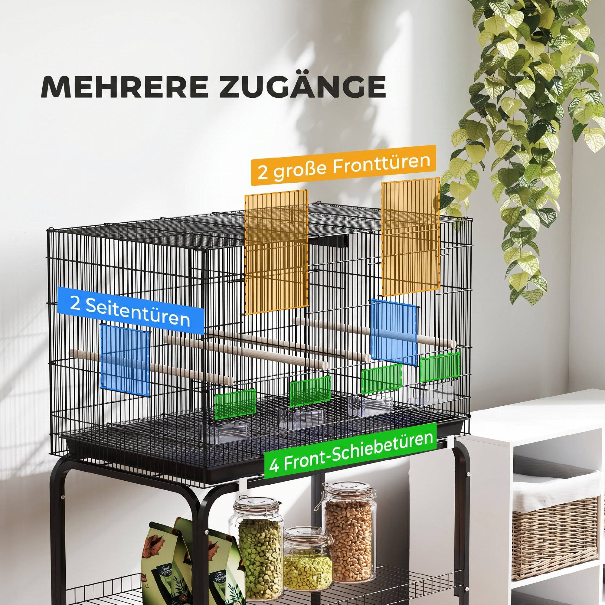Cage à oiseaux volière avec roulettes, 2 portes, 4 perchoirs, bac de rangement, métal 76x46x116cm, noir - Image 8