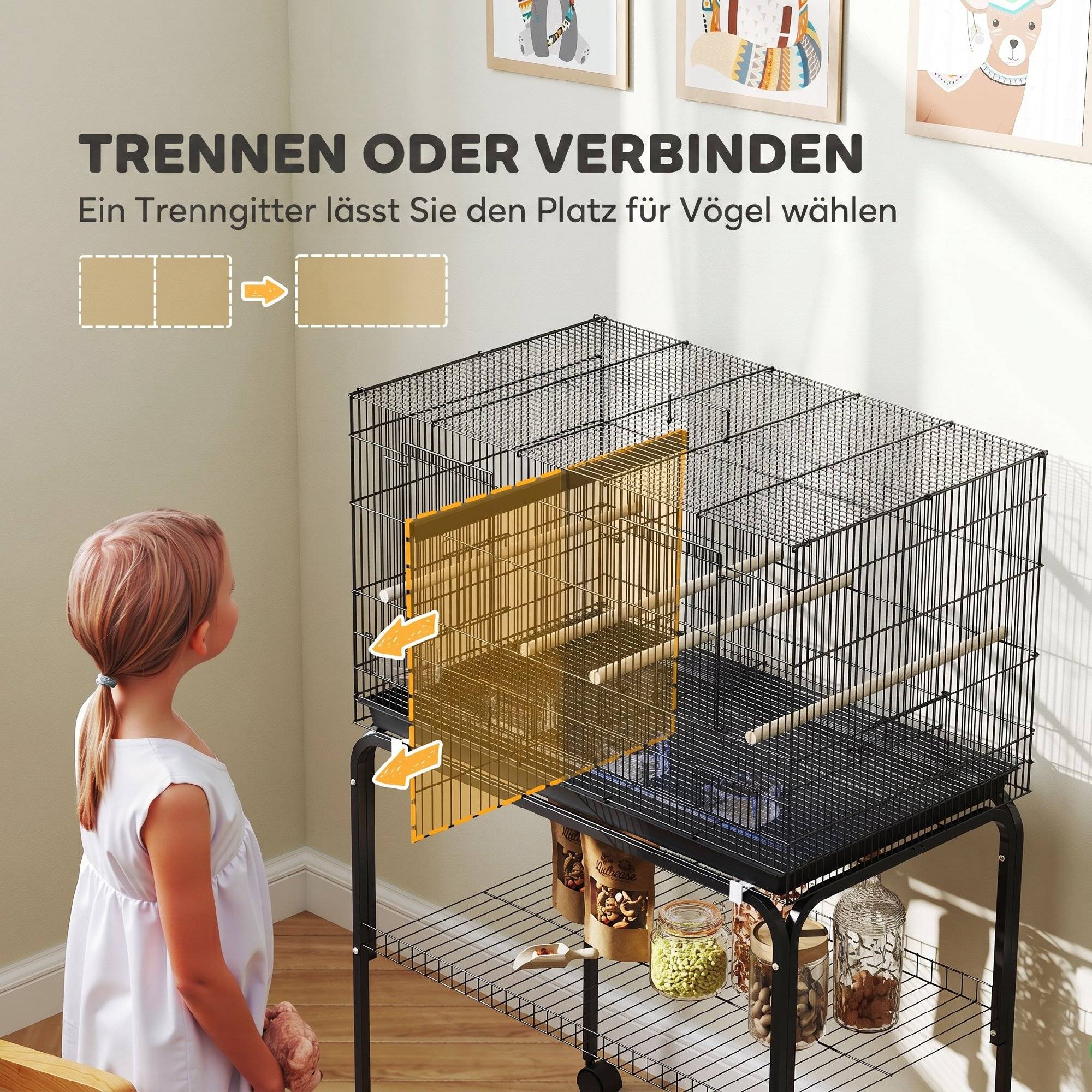 Cage à oiseaux volière avec roulettes, 2 portes, 4 perchoirs, bac de rangement, métal 76x46x116cm, noir - Image 6