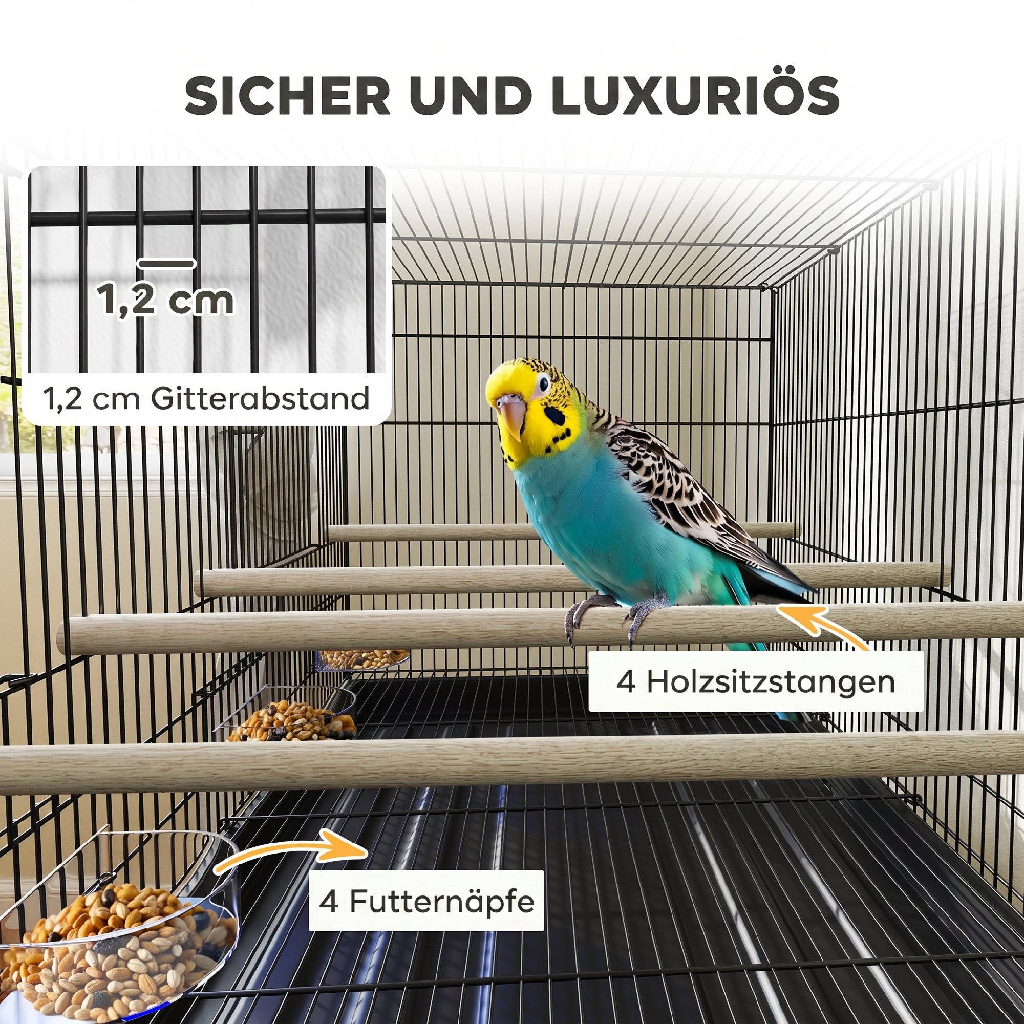 Cage à oiseaux volière avec roulettes, 2 portes, 4 perchoirs, bac de rangement, métal 76x46x116cm, noir - Image 7