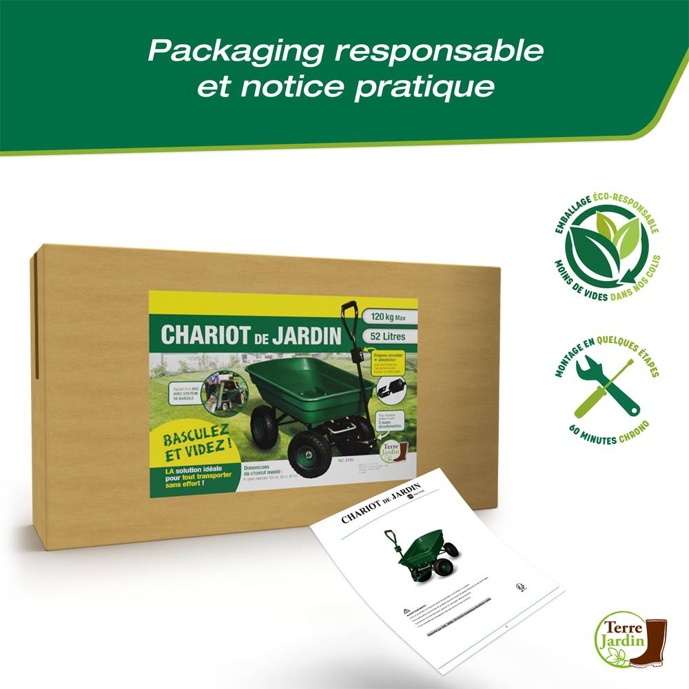 Sans Marque - Chariot de jardin 4 roues - 52 litres capacité 120 kg - Image 7