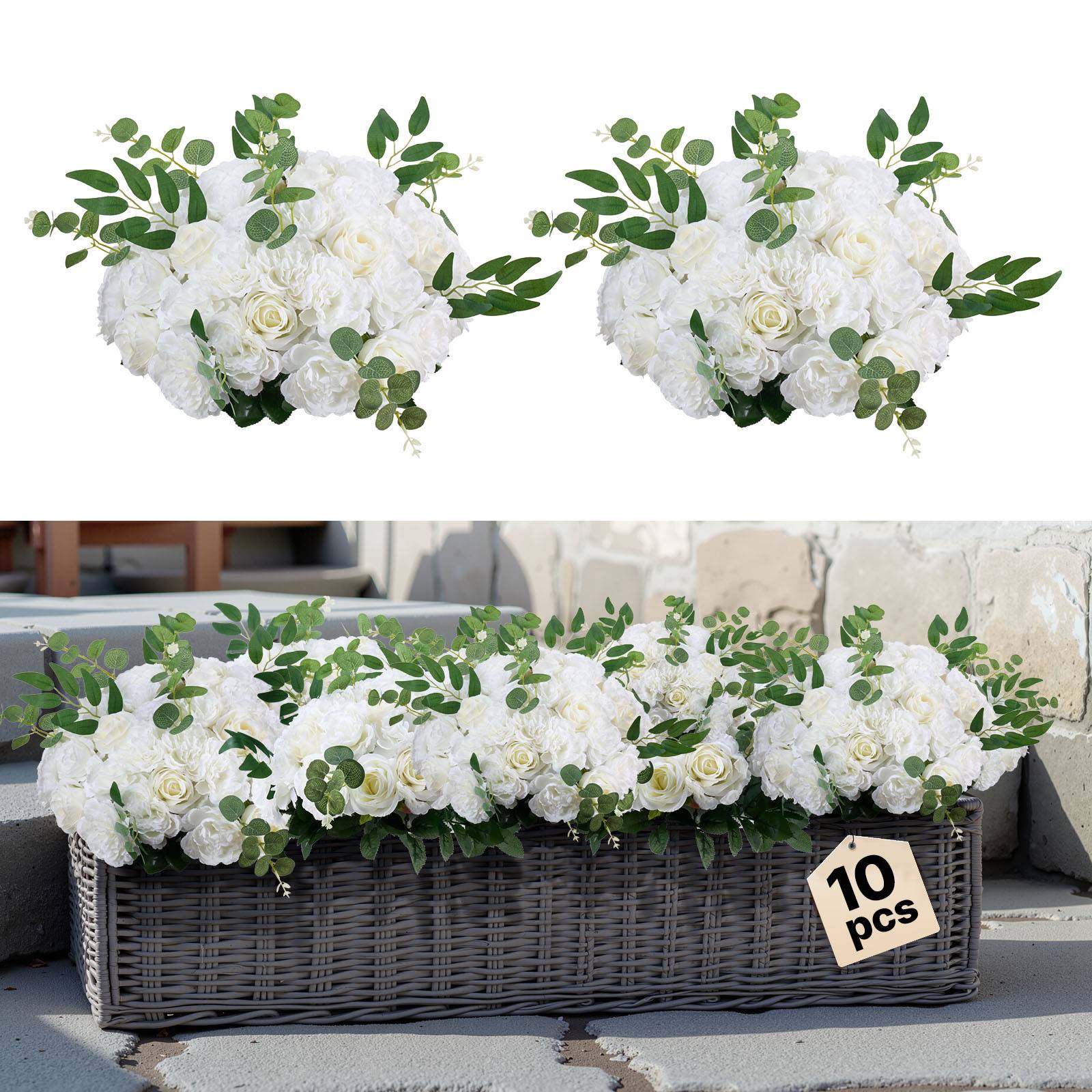 VEVOR Boule Fleur Artificielle Centre Table 10 PCS Diam Max 45 cm Rose Blanche