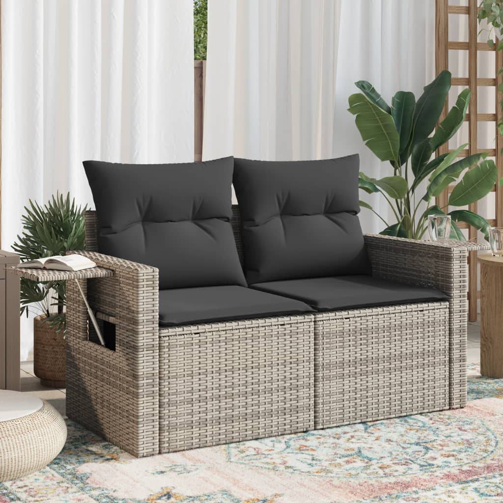 Canapé Extérieur 2 Places Résine Grise Tablette Rabattable Coussins Gris Foncé – ComfortXL Outdoor Living - Image 1