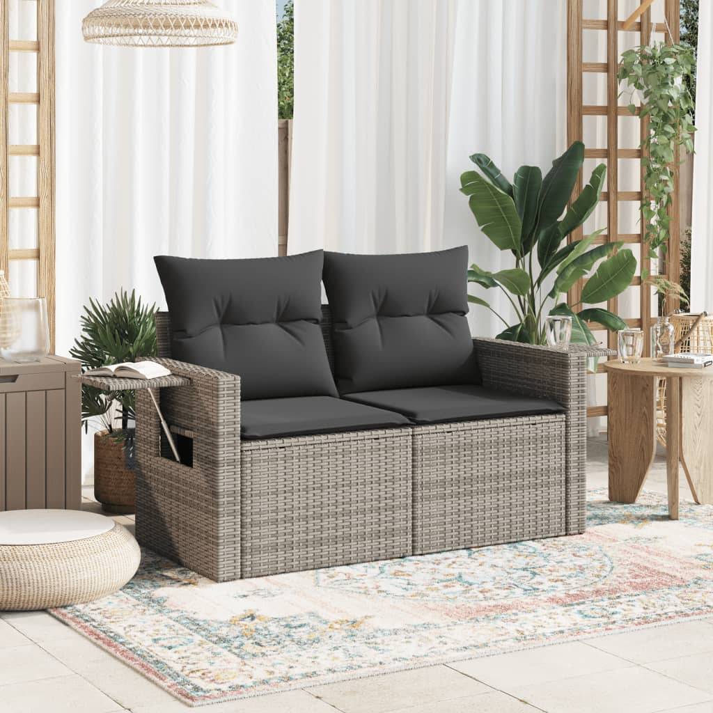 Canapé Extérieur 2 Places Résine Grise Tablette Rabattable Coussins Gris Foncé – ComfortXL Outdoor Living - Image 3