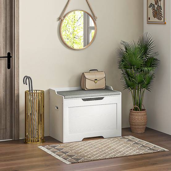 Banc coffre rangement bois avec coussin tissu, capacité 103 L, coffre multifonction entrée chambre 75x40x56 cm blanc - Image 3