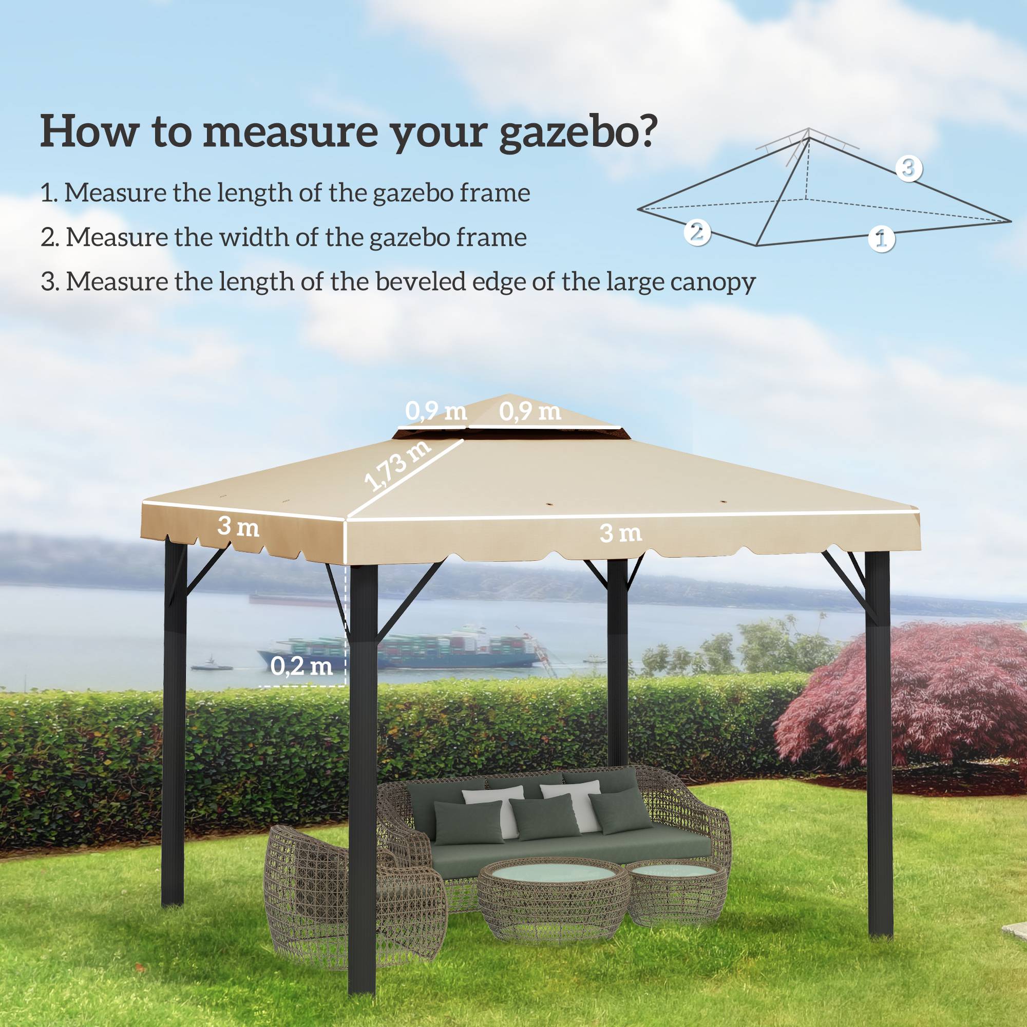 Outsunny - Toile de Rechange pavillon tonnelle 3x3m Toit Remplacement Gazebo Jardin Polyester 170g/m² Beige - Outsunny - Imagen 3