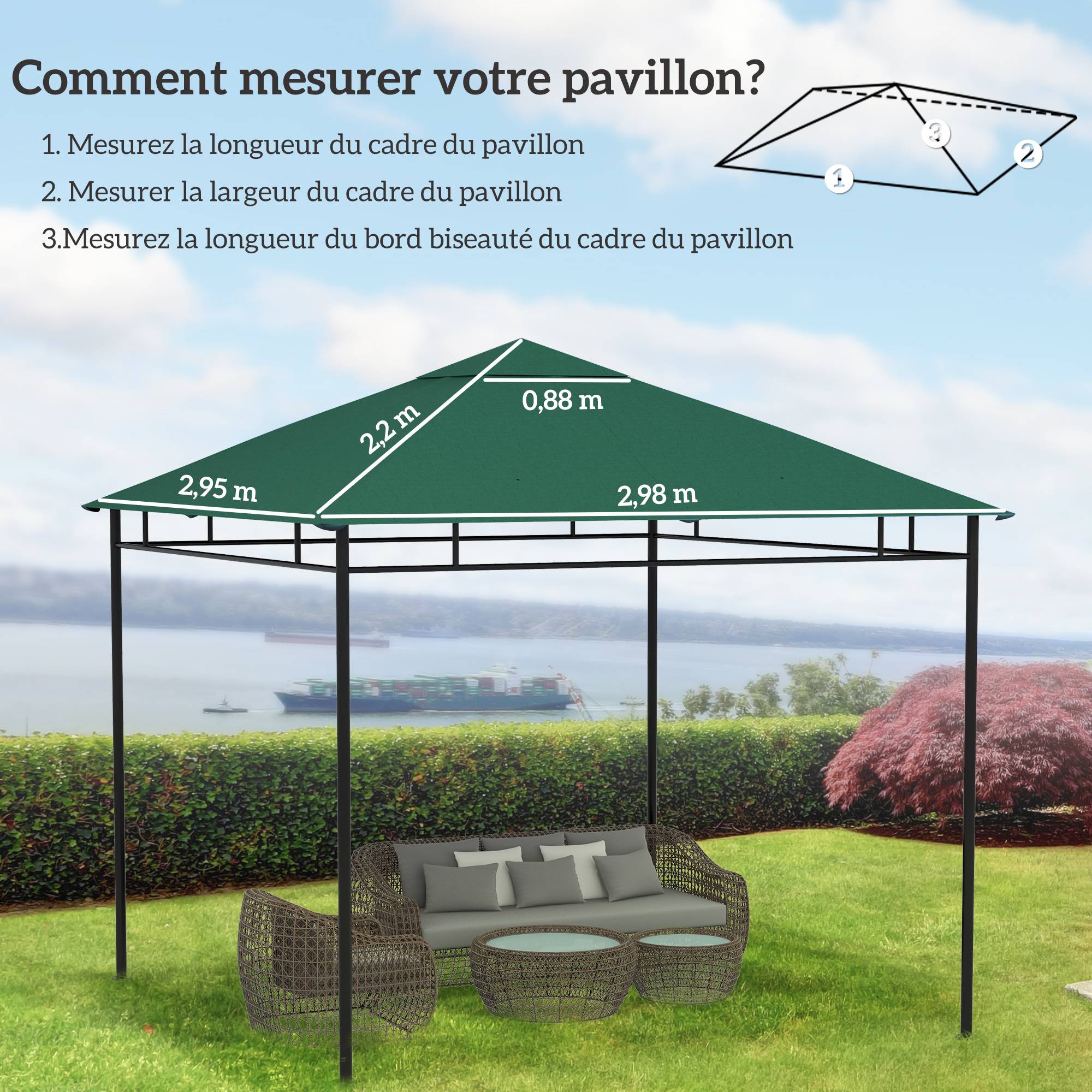 Outsunny - Toile de rechange pour pavillon tonnelle gazebo 3x3m anti-UV haute densité 180g/m² polyester vert - Outsunny - Image 3