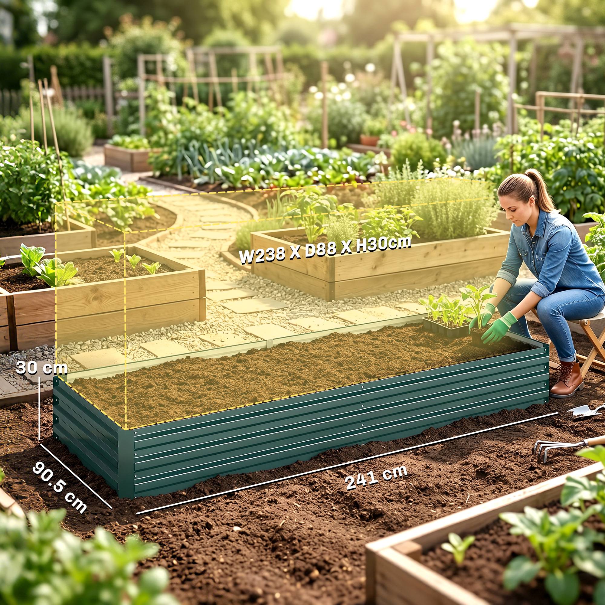 Potager Surélevé en Métal Extérieur, Porte-plantes Fleurs Herbes, 241x90.5x30cm - Image 5